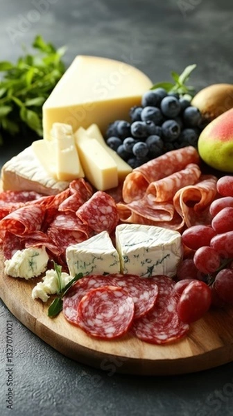 Fototapeta Gourmet charcuterie board with assorted cheese salami grapes and fruit on rustic wooden platter delicious appetizer