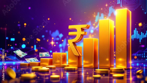 Obraz Indian Rupee Growth Concept: Rising Financial Graph with Rupee Symbol and Stacked Coins - Economic and Stock Market Investment Visualization