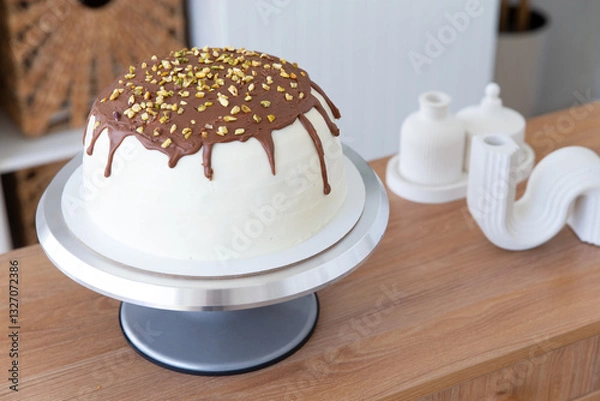 Fototapeta Cake on a stand stands on the table.