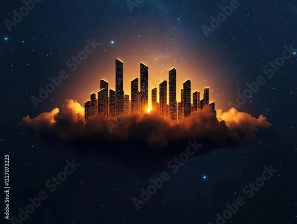 Fototapeta Futuristic floating city above dark storm clouds, illuminated towers piercing through the night sky