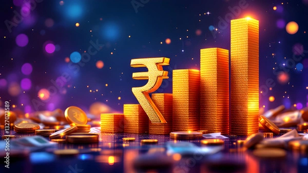 Obraz Indian Rupee Growth Concept: Rising Financial Graph with Rupee Symbol and Stacked Coins - Economic and Stock Market Investment Visualization