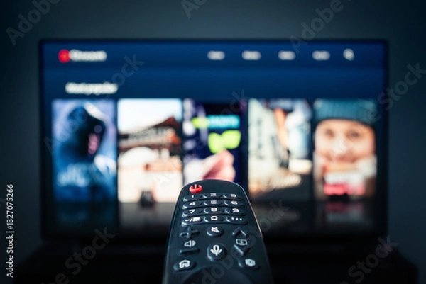 Fototapeta TV movie stream watching. Film catalogue. Streaming service content selection. VOD subscription. Choosing series from library mockup in screen. Remote control closeup. Television night at home.