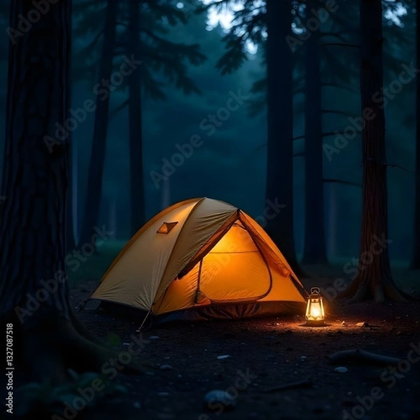 Obraz A yellow tent with a lantern in a dark forest with tall trees and a dark blue sky in the background