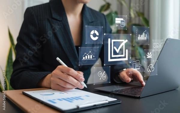 Fototapeta Businesswoman Analyzing Data on Laptop, Strategic Planning and Progress Tracking