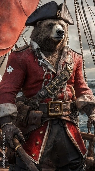 Fototapeta Grizzly bear as a captain on the old pirate ship in the middle of an ocean standing with dark rainy clouds. 4K wallpaper.