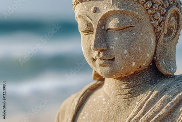 Obraz Buddha statue at the shore during sunrise reflecting tranquility and peace by the ocean