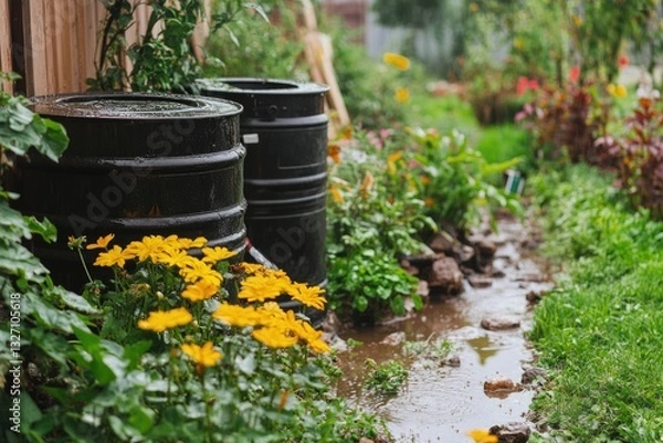 Fototapeta Collecting Rainwater: Save Water and Drain Irrigation System from Two Barrels for Ecological Garden