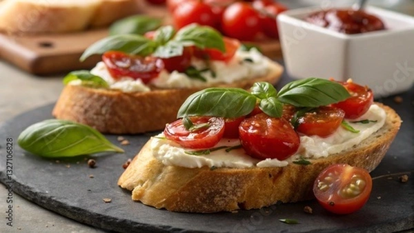 Obraz Appetizing bruschetta with ripe cherry tomatoes, soft cheese spread, and fragrant basil garnish, presented on a dark stone platter.  The bruschetta is arranged in a visually appealing way, ideal for f