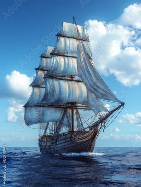 Fototapeta Majestic Tall Ship Sailing on the Open Ocean Under a Blue Sky with White Clouds Maritime Adventure