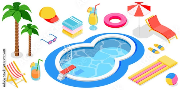 Fototapeta Pool lounger chairs sunbeds, palms, towels, rubber toys 3d isometric design elements. Vector hotel resort aquapark icons