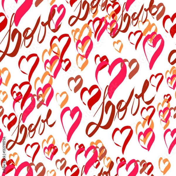 Fototapeta Digital seamless pattern with heart motifs in shades of red and the word "love" on a transparent background