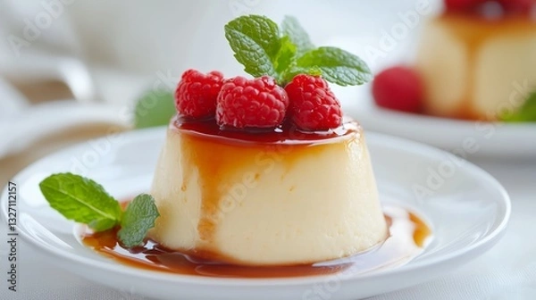 Fototapeta A dessert with a raspberry sauce and a mint leaf on top