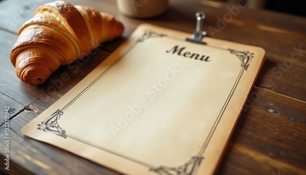 Fototapeta Rustic Wooden Table Mockup: Croissant, Coffee, Menu Card Design. A croissant sits on a wooden table next to a menu.