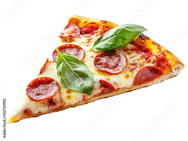 Fototapeta Isolated Slice of Pepperoni Pizza with Basil