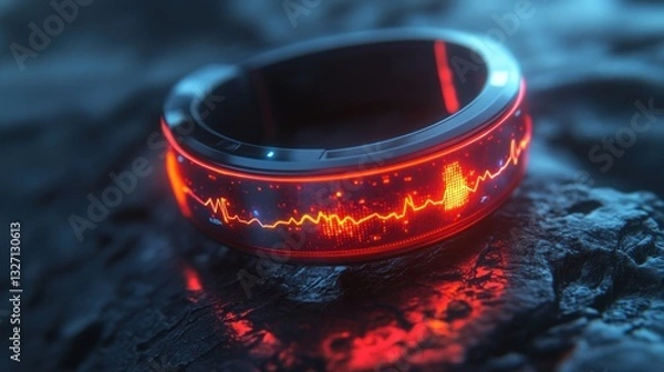 Fototapeta Futuristic ring with glowing display on dark rock surface