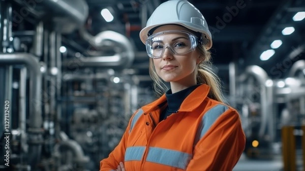 Fototapeta Confident female worker wearing white hard hat and safety glasses with reflective safety vest standing in an industrial environment with blurred machinery