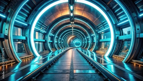 Fototapeta Futuristic Hyperloop Tunnel: Cyan Neon Lights, Circular Windows - 3D Rendered Urban Exploration Photography