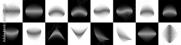 Obraz Set of halftone dots curved gradient pattern textures background. Curve dotted spots using half tone circle dot texture. 3d halftone logo collection. Vector illustration.