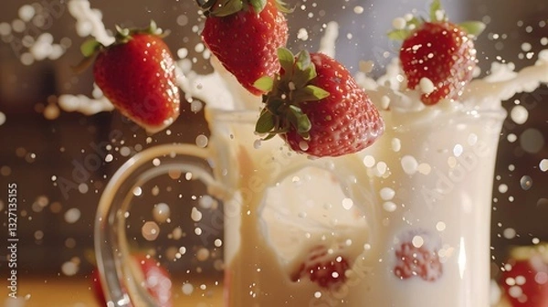 Fototapeta fresh red strawberry falling down in to the glass milk making a big splash. Strawberry falls into glass. Fresh strawberries splashing into milk.