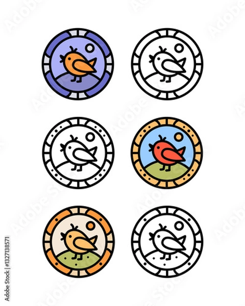 Fototapeta Set of cartoon line art little bird in a round frame logos isolated on white background.