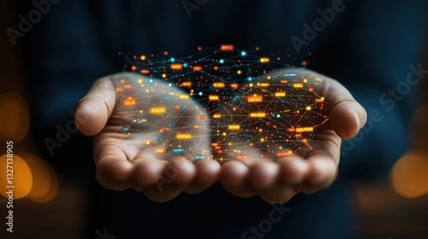 Fototapeta Data Network in Hands: A Visual Representation of interconnected Data