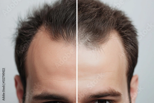 Fototapeta A before-and-after comparison of a man’s scalp, showing hair restoration results with copy space. Soft professional lighting. Modern clinic background. 