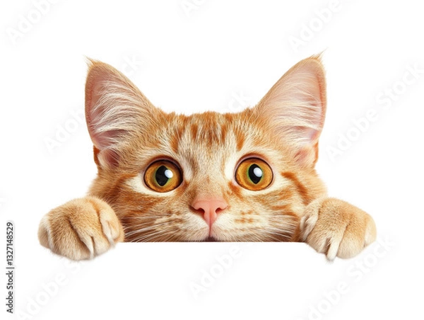 Obraz Isolated Ginger Kitten Peeking over a Barrier