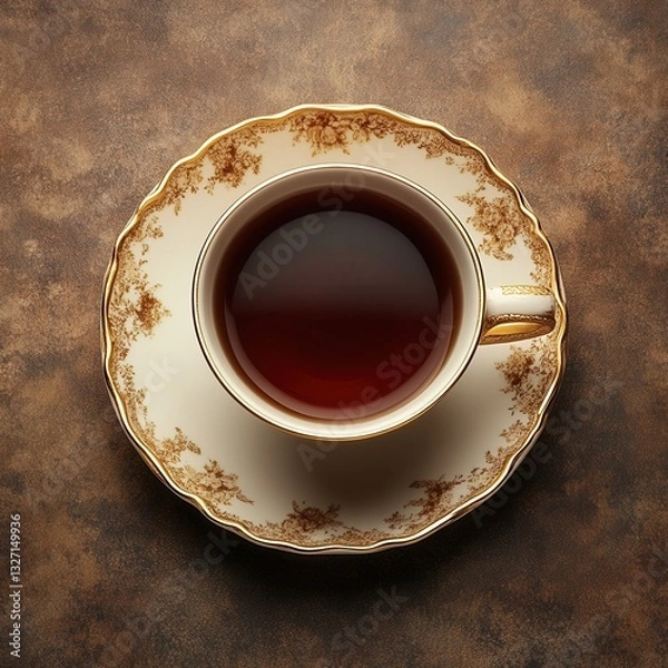 Fototapeta Elegant tea cup with dark tea on a brown textured background creating a warm and inviting atmosphere from above