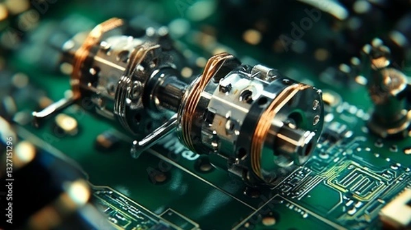 Obraz Electronic components including electromagnetic relays and glass electric fuses set on a green surface Closeup of two electromechanical switches with copper wire on a coil featuring an