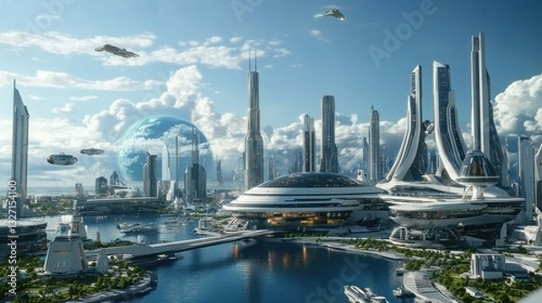 Fototapeta Visionary Metropolis: A Futuristic Spaceport Cityscape with Earth Orbiting Above