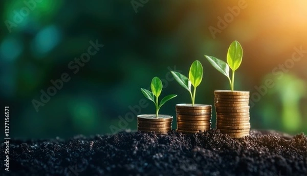 Fototapeta Investment In Growing Plants On Coins Money: A Unique Way To Watch Your Money Grow And Flourish Through Horticulture.