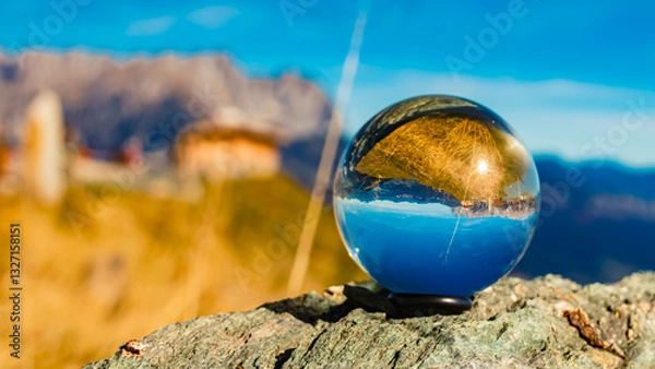 Fototapeta Crystal ball alpine autumn or indian summer shot at Mount Hartkaiser, Ellmau, Kufstein, Tyrol, Austria