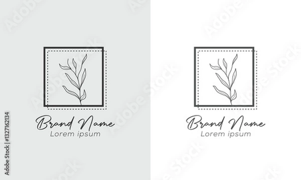 Fototapeta Elegant Botanical Logo Design with Square Frame and Leaf Illustration