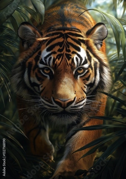 Fototapeta A majestic tiger prowling through dense jungle foliage, its intense gaze and powerful presence capturing the essence of strength and wild beauty