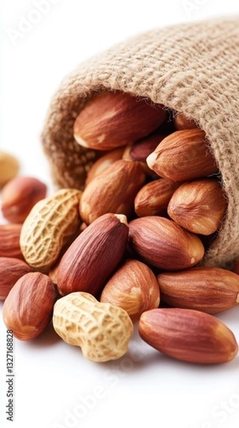 Fototapeta Close up of Fresh Hazelnuts and Peanuts Spilling from a Burlap Sack on White Background in Natural Light for Healthy Snack and Food Photography