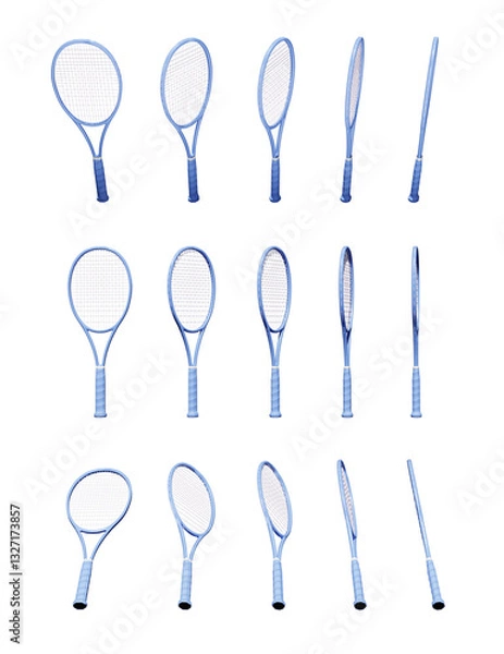 Fototapeta Blue tennis rackets from a different angle on transparent, 3D rendered illustration