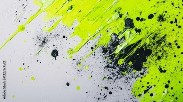 Fototapeta Chaotic splashes in neon green and frosted silver plain background