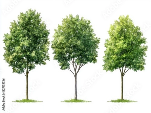 Fototapeta Three Green Deciduous Trees Isolated on White Background