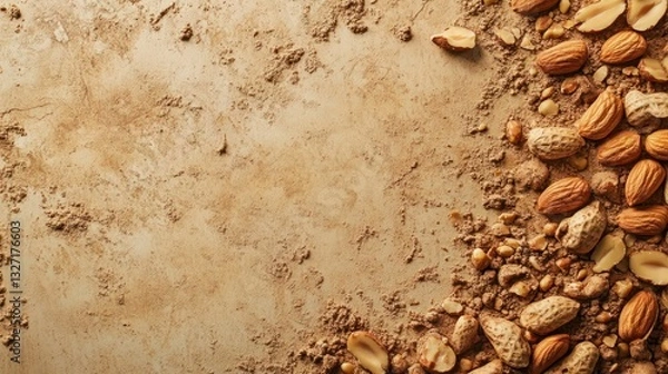 Obraz Artistic flat lay composition featuring nuts and dust on a textured surface