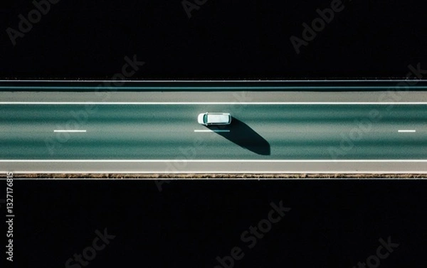 Obraz Aerial view of a white car driving on a dark highway against a starry night sky. The image has a pixelated, digital aesthetic