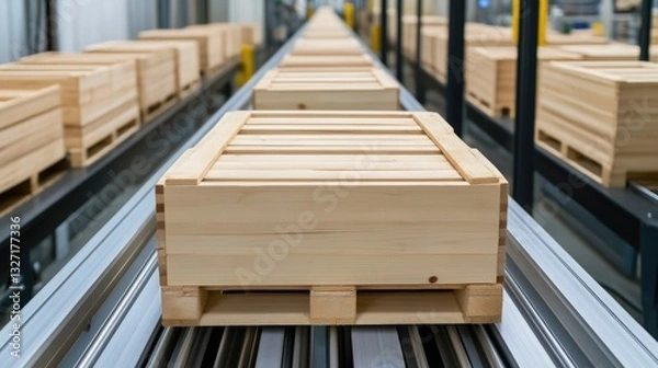 Obraz Warehouse logistics: wine crates moving on conveyor