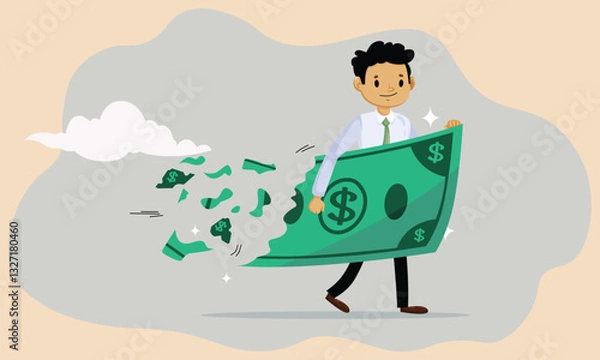 Fototapeta Businessman holding big dollar banknote money while loss, crumble and reduce in value.