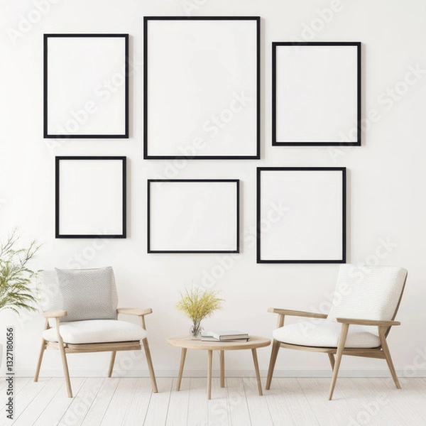 Fototapeta Modern interior with chairs, table, and empty frames on a white wall