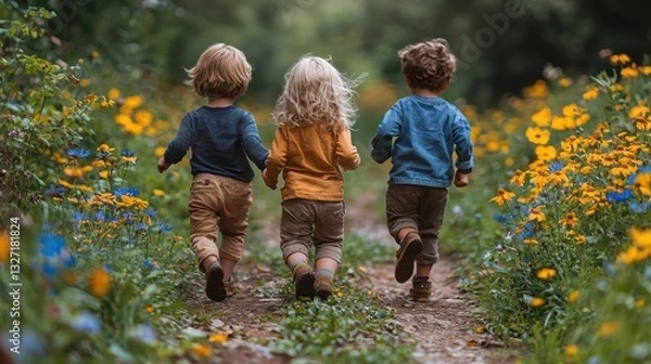 Fototapeta Three children running through a colorful flower field, displaying joy and playfulness in a beautiful natural setting. Their diverse hairstyles add charm.