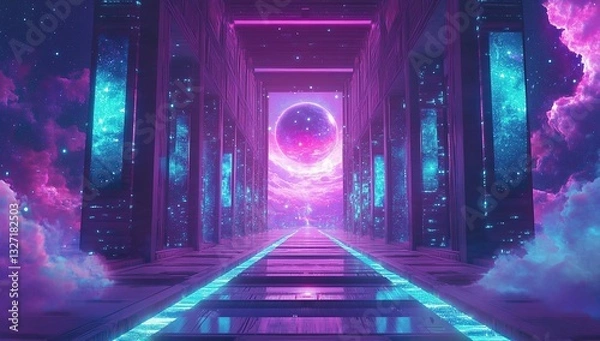 Fototapeta An anime-style digital art of an ancient library filled with holographic books, floating in the air and glowing