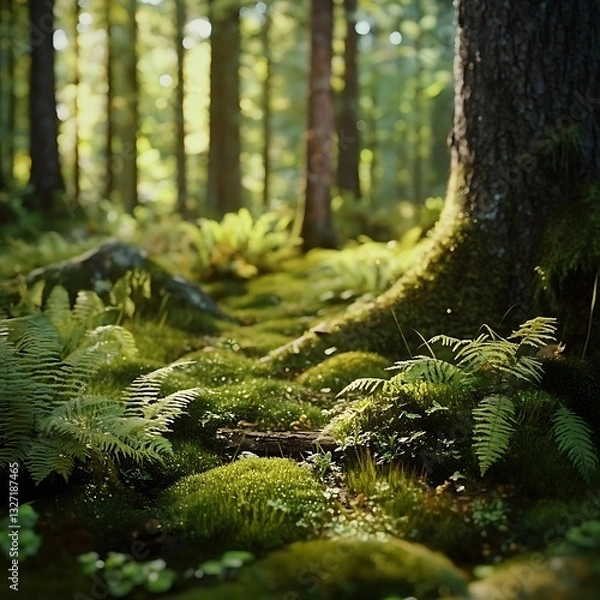 Fototapeta Atmospheric Close-Up Boreal Forest Floor Moss Ferns Rugged Trunks