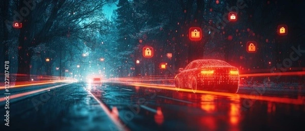 Obraz Cybersecurity on the Road:  Digital Car in a Nighttime Drive