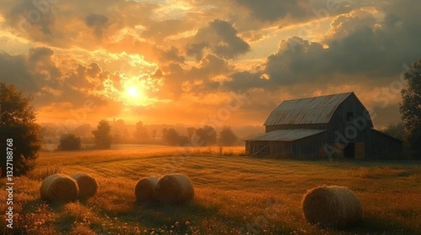 Fototapeta Golden hour countryside scene with a rustic barn and haystacks in the field. Generative AI