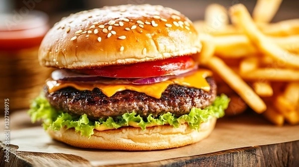 Fototapeta Delicious cheeseburger with lettuce tomato and onion served with crispy fries on a wooden board : Generative AI