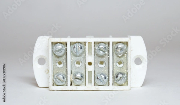 Fototapeta modular terminal block, electric wires connecting panel with mounting holes on white plastic insulated frame with barriers. four gang. double row. with screw mount